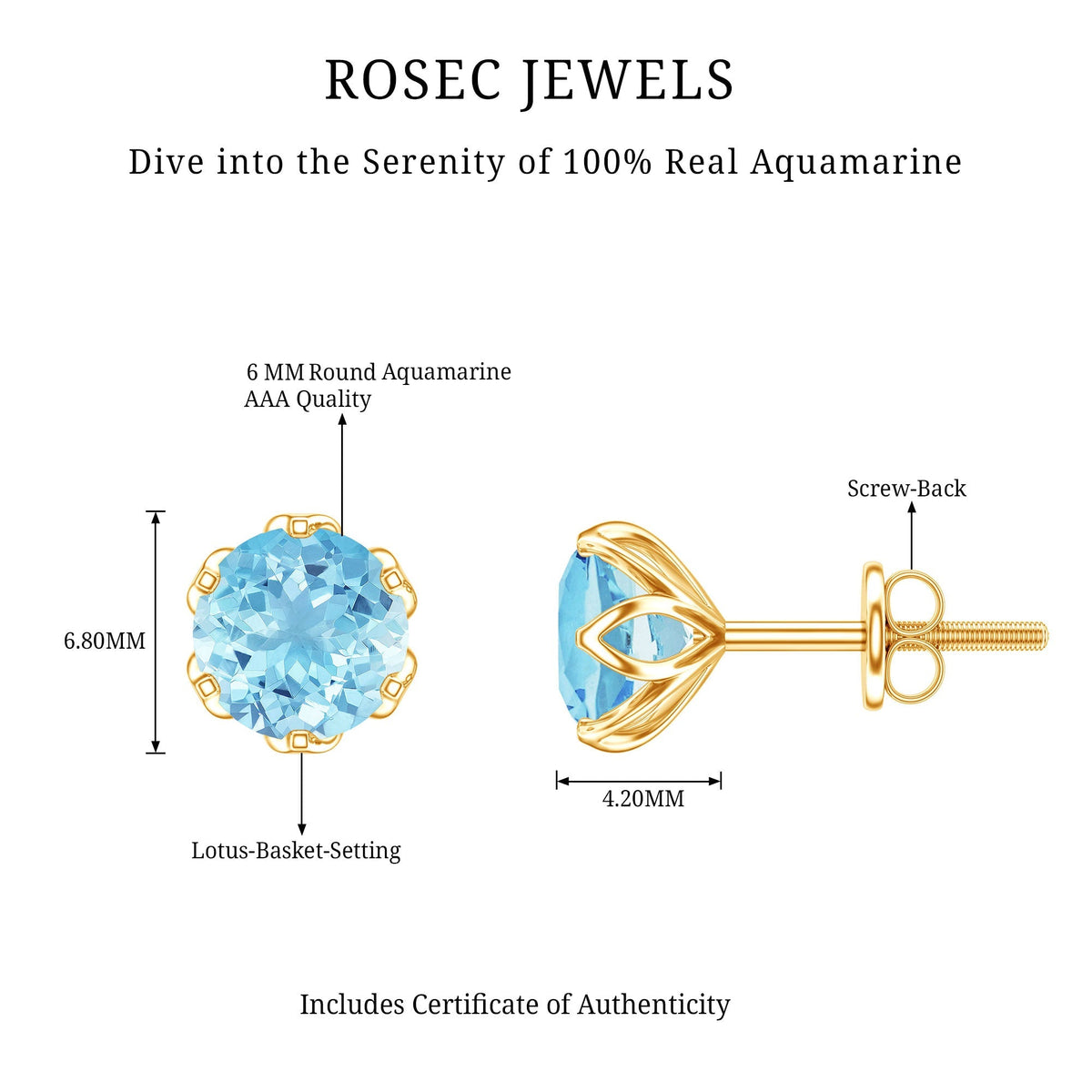 Aquamarine Stud Earrings – AAA Quality Blue Gemstone In Lotus Basket Setting