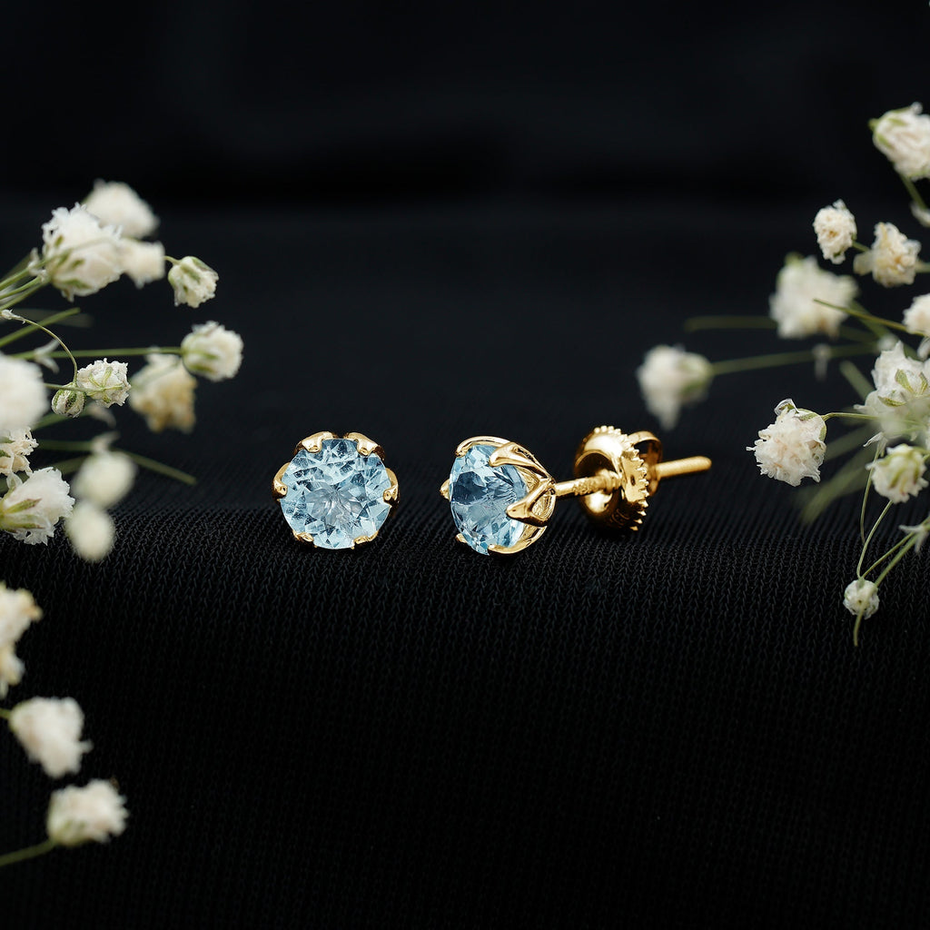 Aquamarine Stud Earrings – AAA Quality Blue Gemstone In Lotus Basket Setting