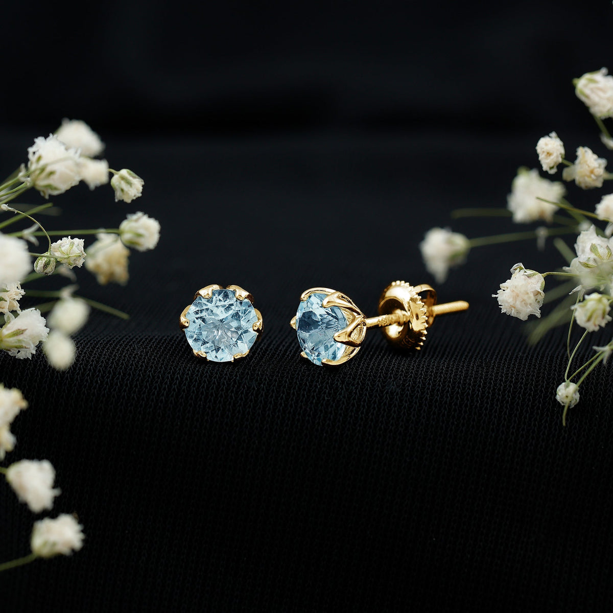 Aquamarine Stud Earrings – AAA Quality Blue Gemstone In Lotus Basket Setting