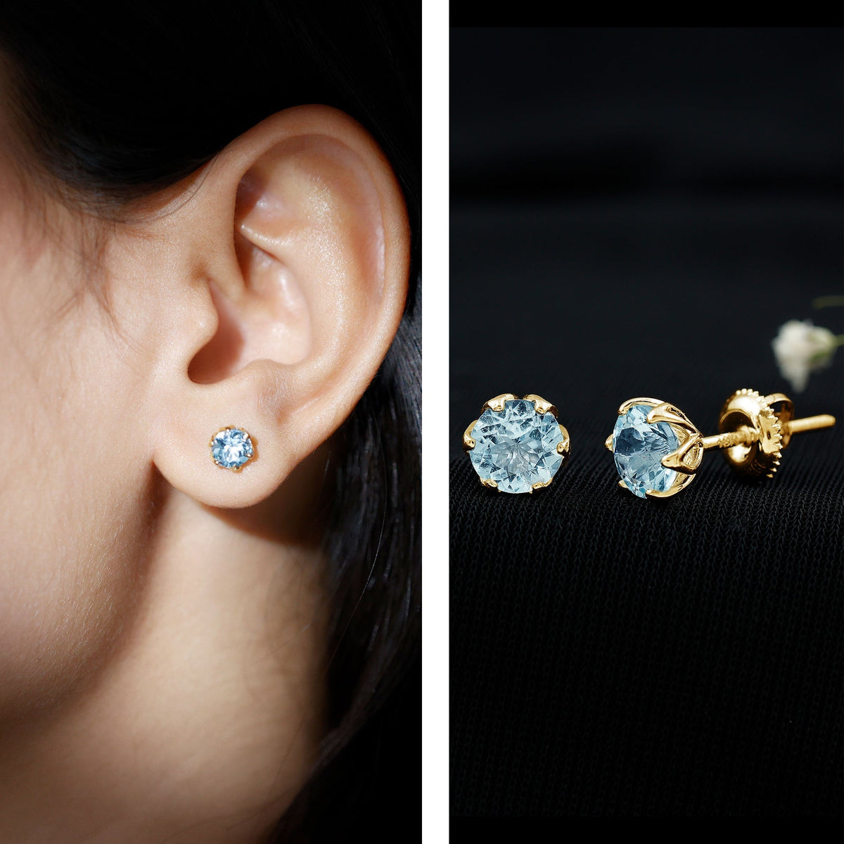 Aquamarine Stud Earrings – AAA Quality Blue Gemstone In Lotus Basket Setting