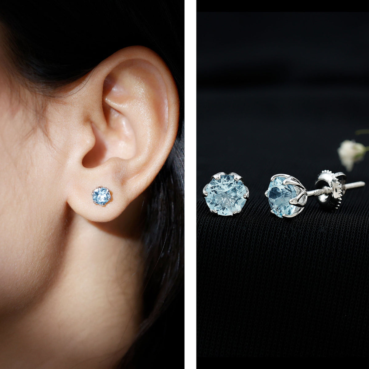 Aquamarine Stud Earrings – AAA Quality Blue Gemstone In Lotus Basket Setting