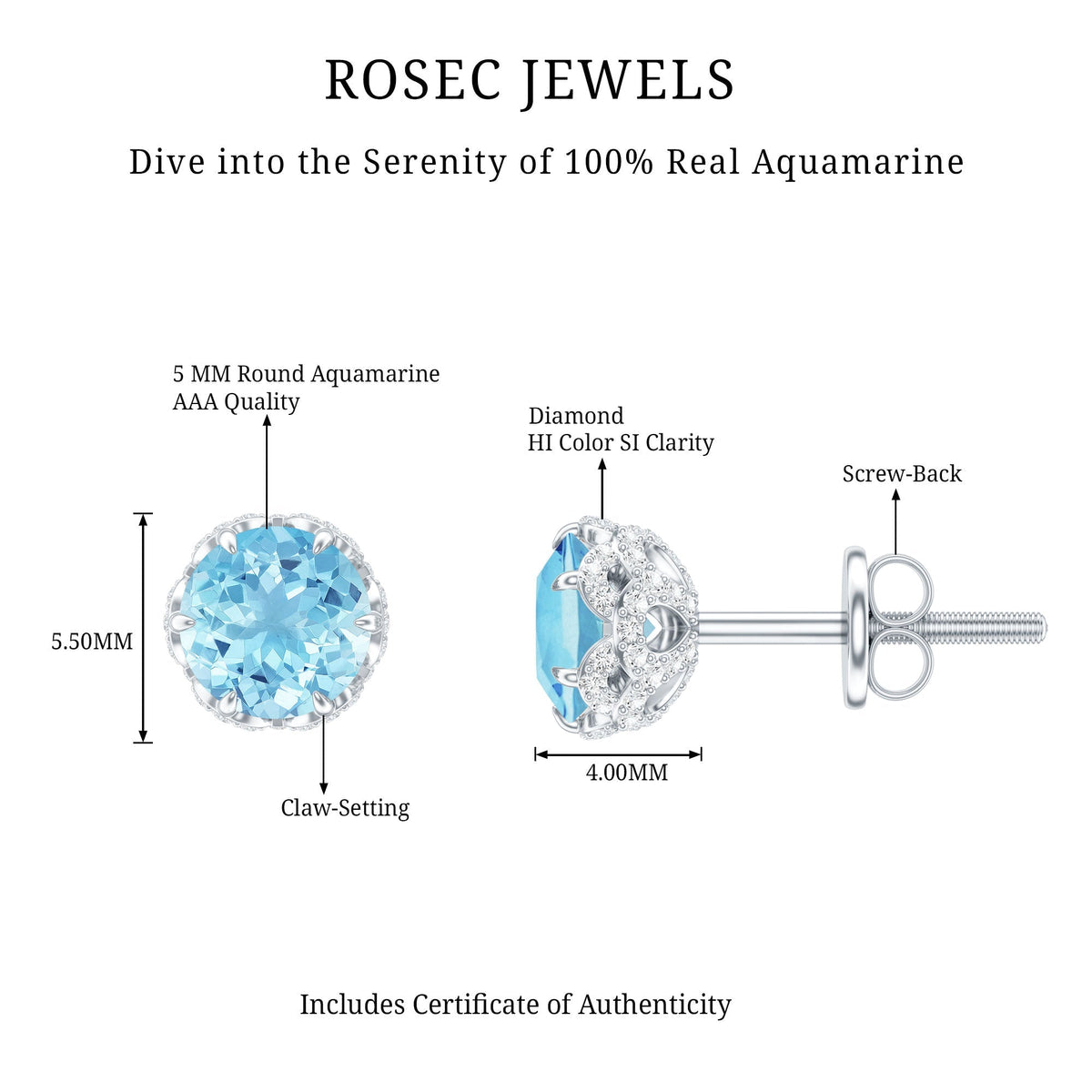 Aquamarine Stud Earrings – Diamond Floral Screw Back Blue Gemstone Studs