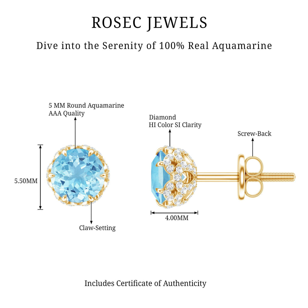 Aquamarine Stud Earrings – Diamond Floral Screw Back Blue Gemstone Studs