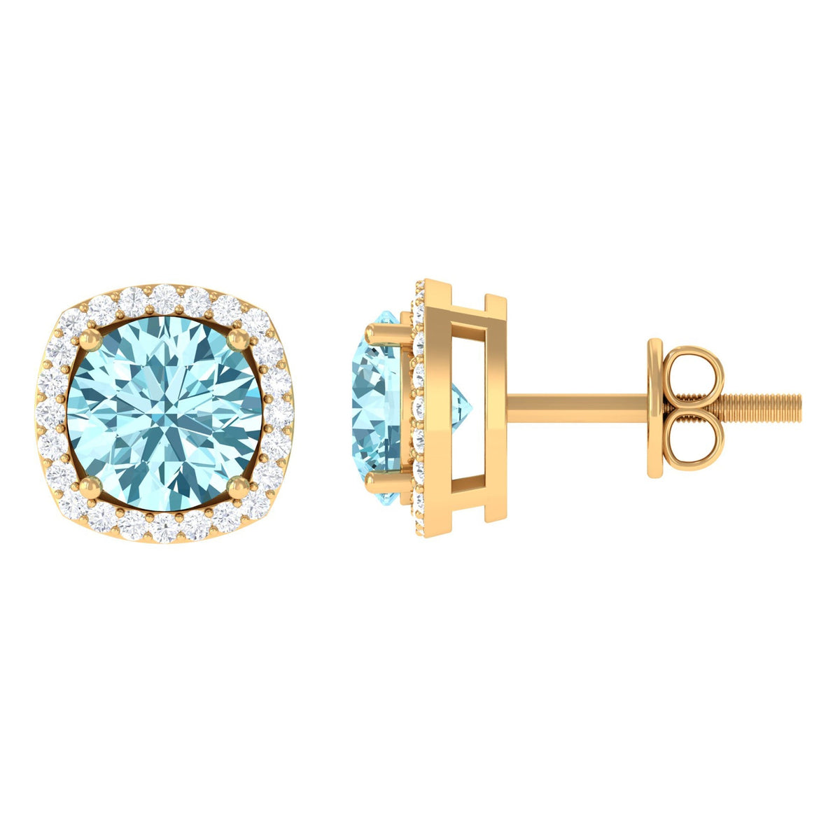 Aquamarine Stud Earrings – Diamond Halo Earrings with Blue Gemstone Accents