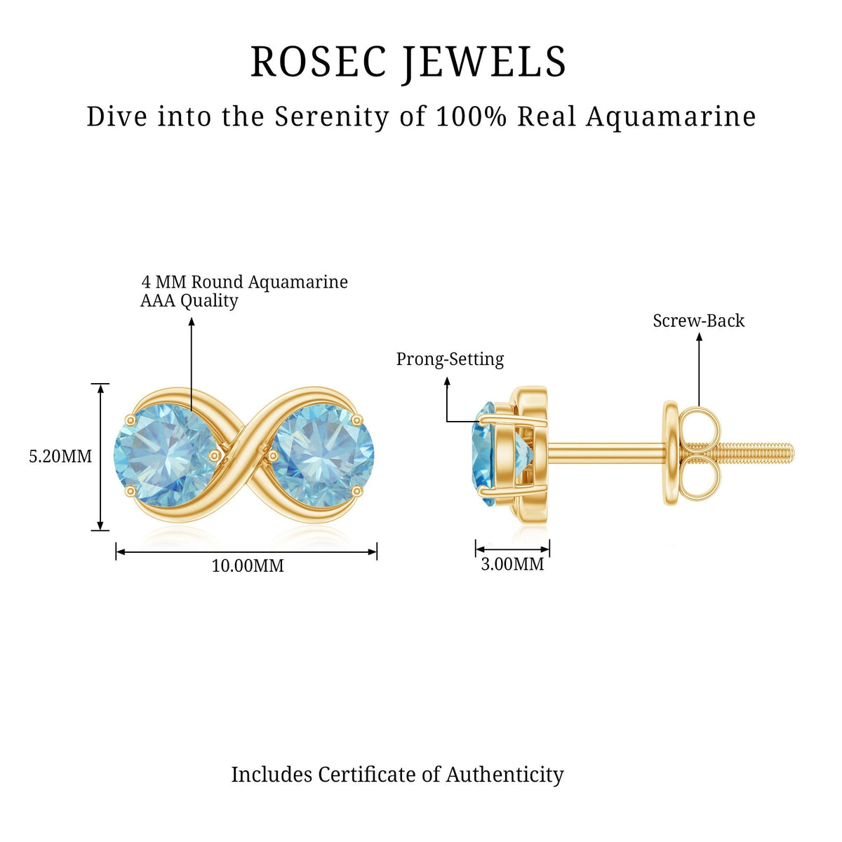 Aquamarine Stud Earrings – Elegant Infinity Design with Real Aquamarine Gems