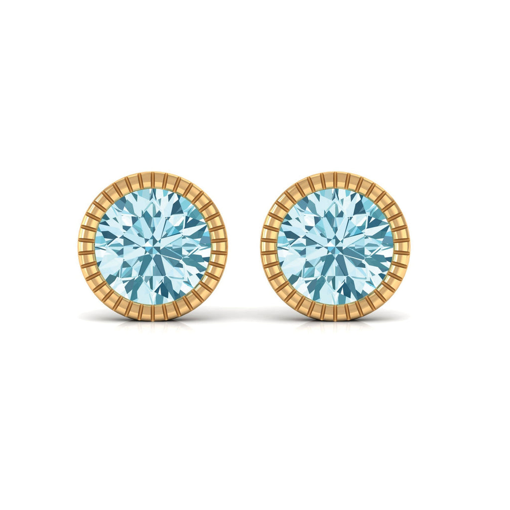 Aquamarine Stud Earrings – Martini Round Cut Bezel Set Blue Gemstone Studs