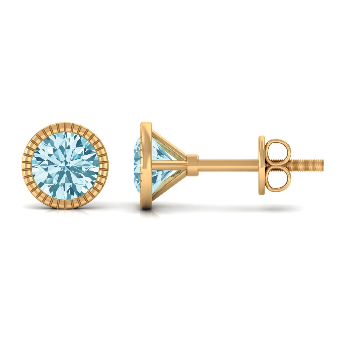 Aquamarine Stud Earrings – Martini Round Cut Bezel Set Blue Gemstone Studs