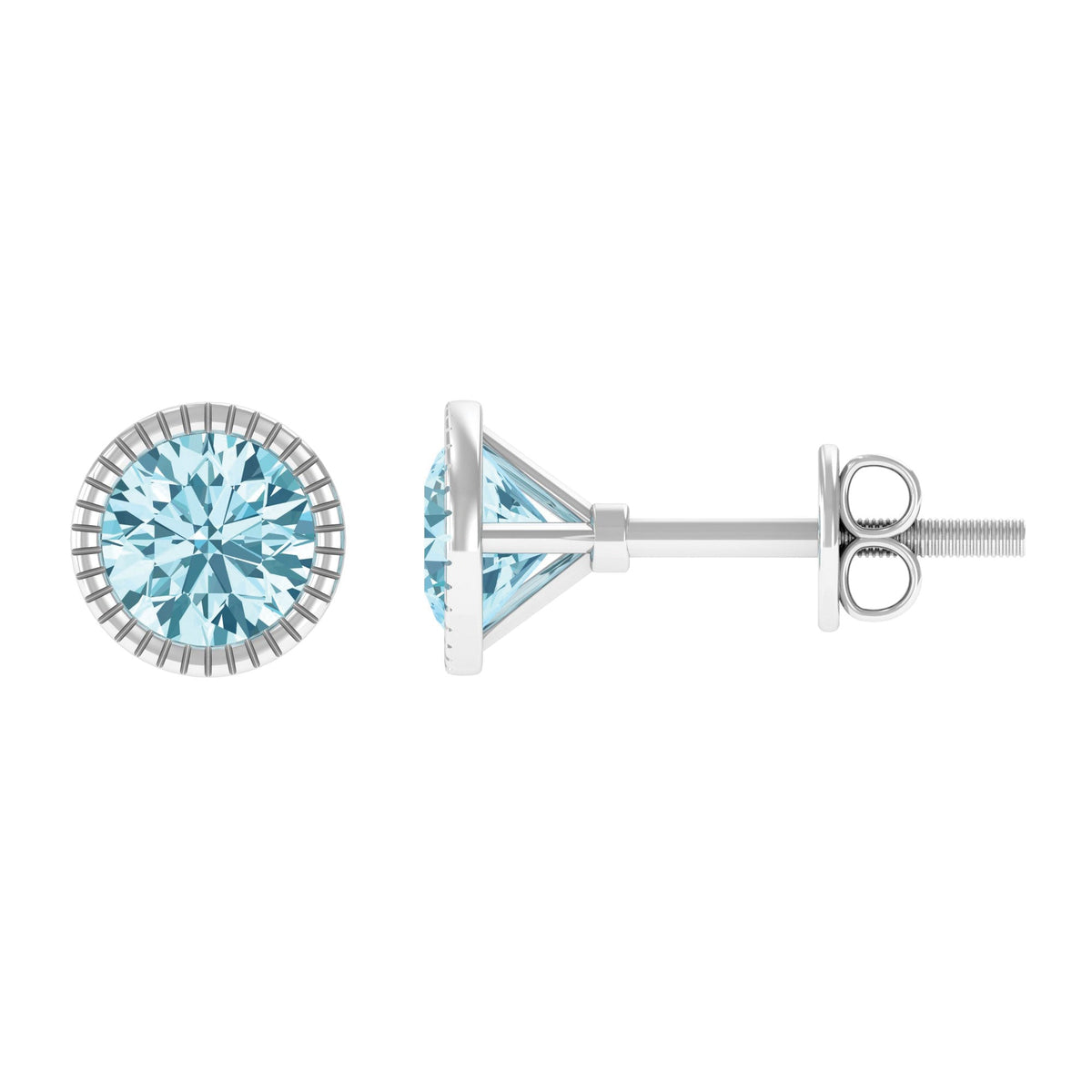 Aquamarine Stud Earrings – Martini Round Cut Bezel Set Blue Gemstone Studs