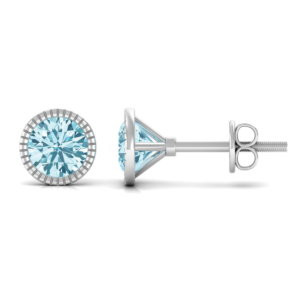 Aquamarine Stud Earrings – Martini Round Cut Bezel Set Blue Gemstone Studs