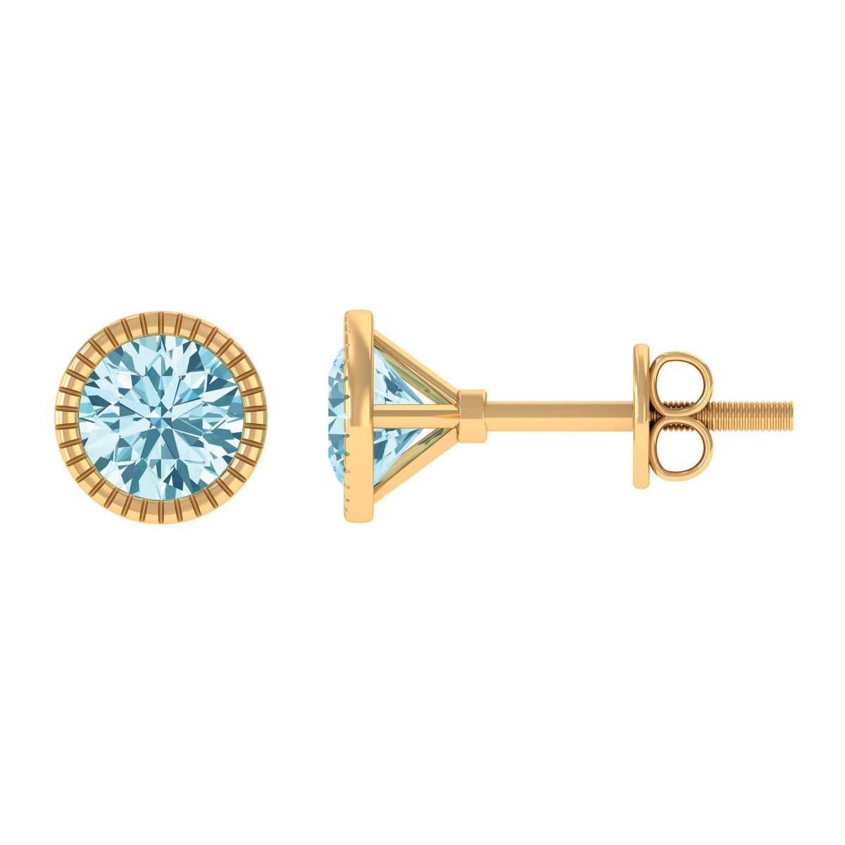 Aquamarine Stud Earrings – Martini Round Cut Bezel Set Blue Gemstone Studs