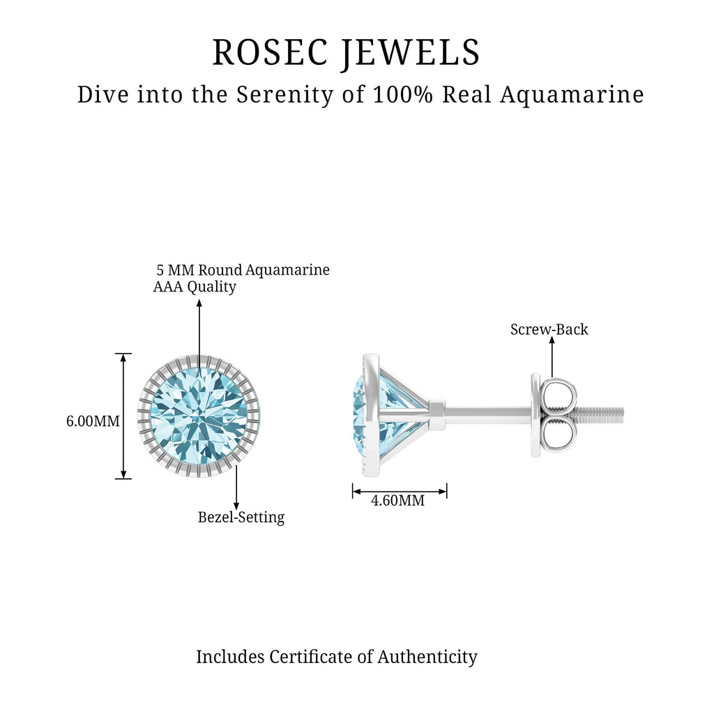 Aquamarine Stud Earrings – Martini Round Cut Bezel Set Blue Gemstone Studs