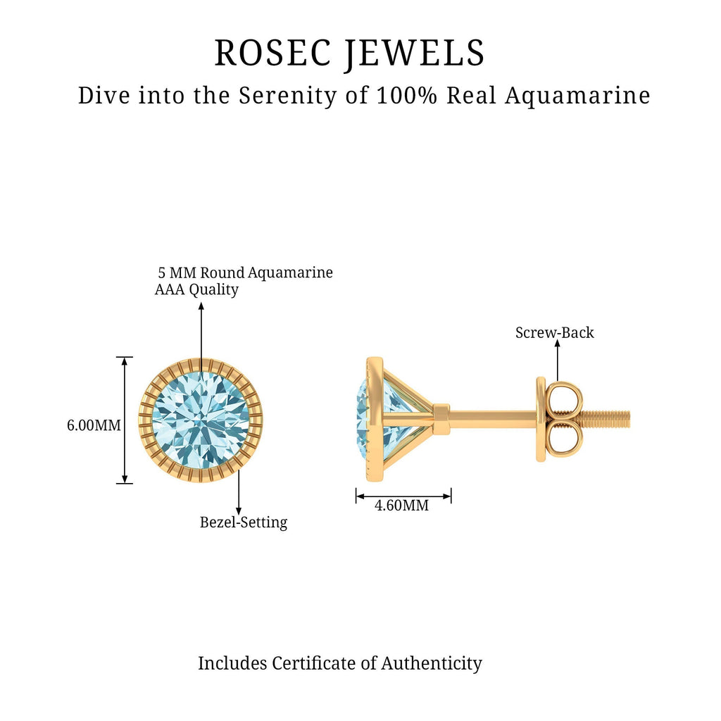 Aquamarine Stud Earrings – Martini Round Cut Bezel Set Blue Gemstone Studs