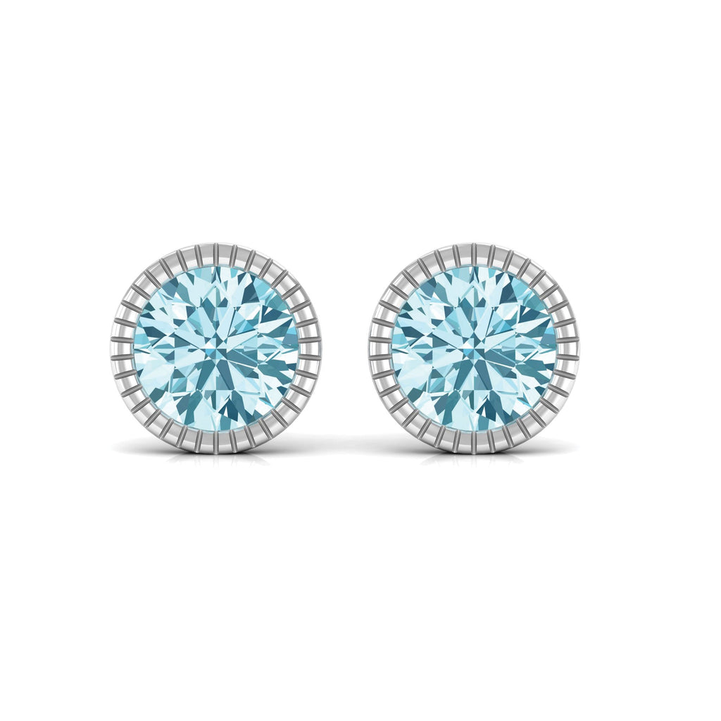 Aquamarine Stud Earrings – Martini Round Cut Bezel Set Blue Gemstone Studs