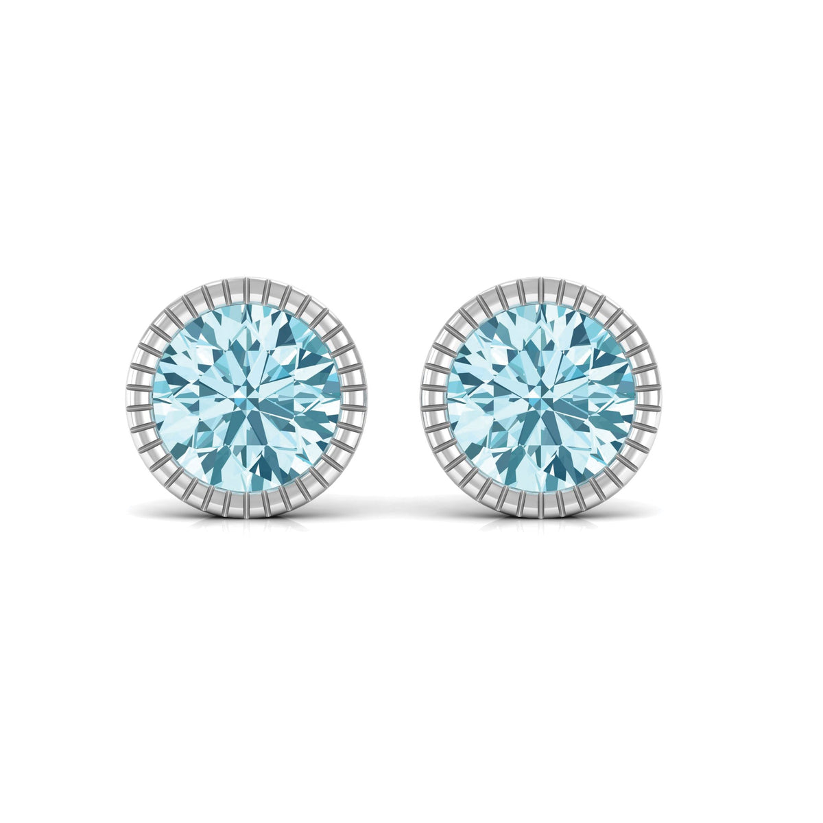 Aquamarine Stud Earrings – Martini Round Cut Bezel Set Blue Gemstone Studs