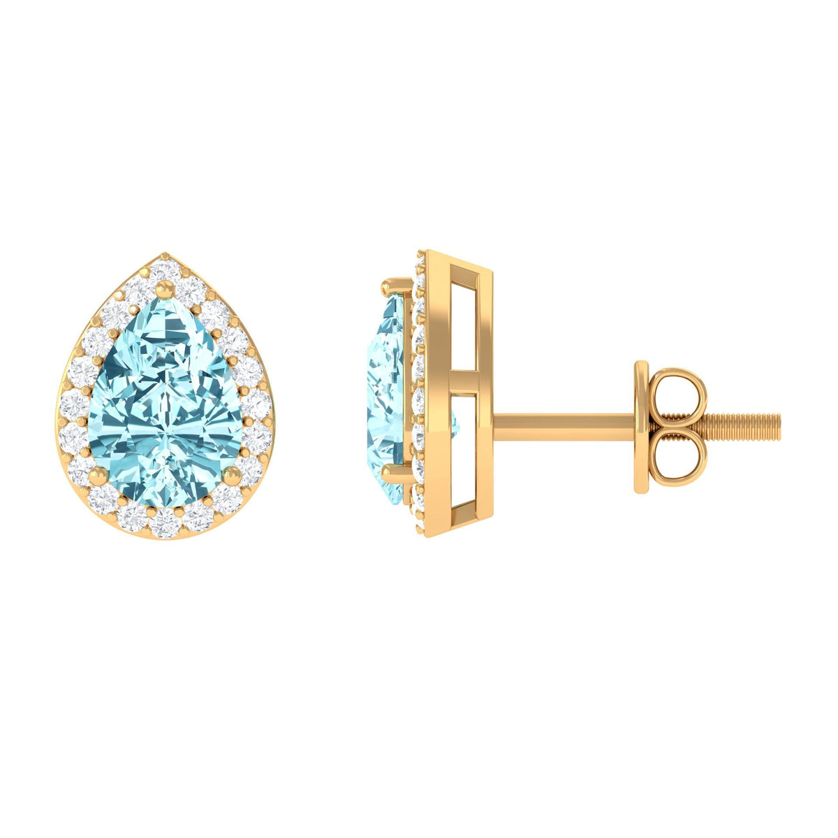 Aquamarine Stud Earrings – Pear Shape Blue Gemstone with Diamond Halo Studs