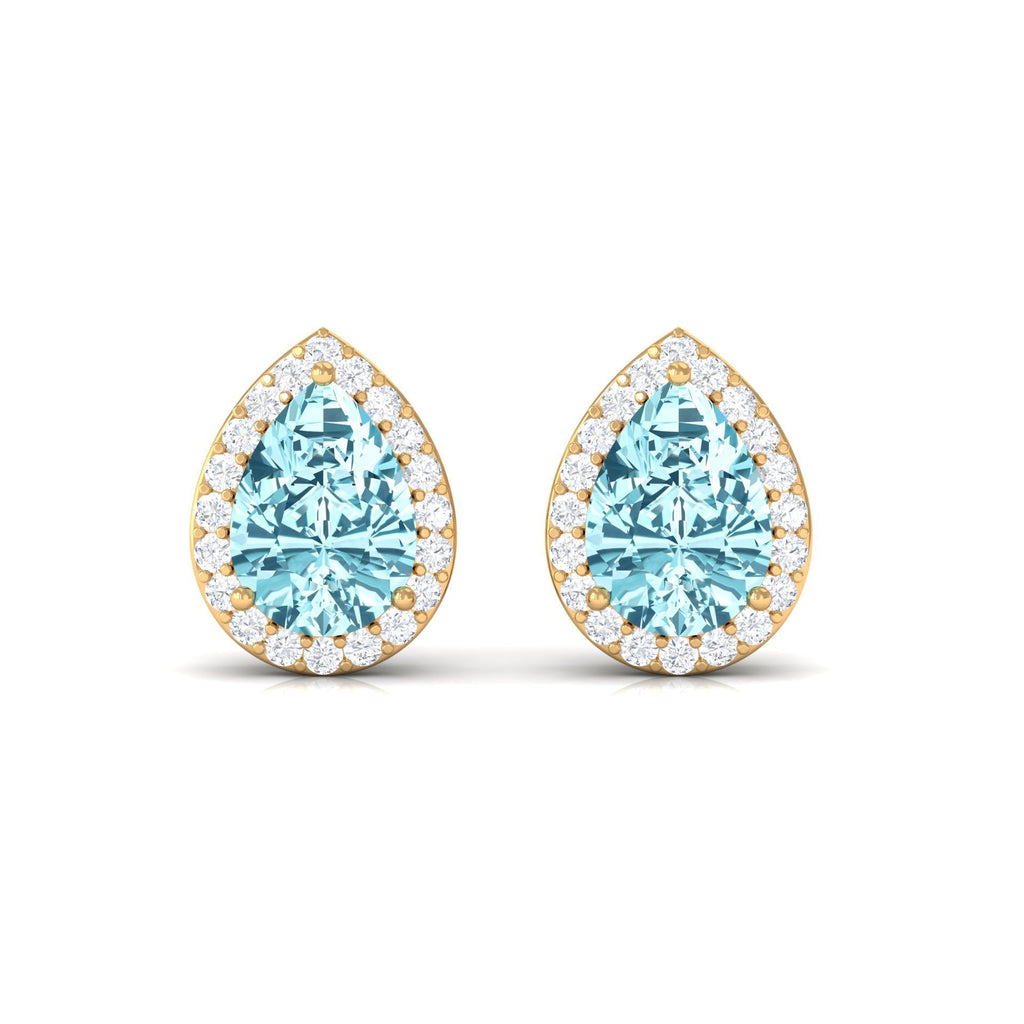 Aquamarine Stud Earrings – Pear Shape Blue Gemstone with Diamond Halo Studs