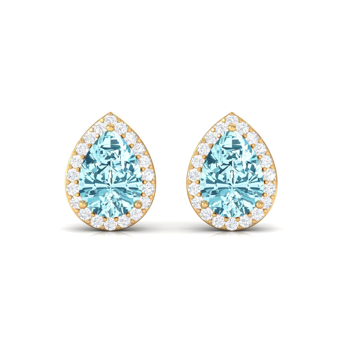 Aquamarine Stud Earrings – Pear Shape Blue Gemstone with Diamond Halo Studs