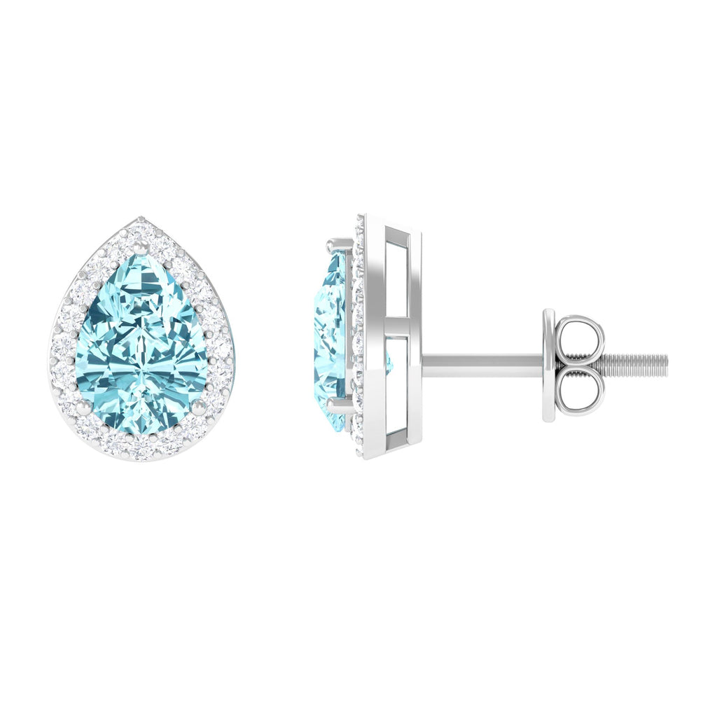 Aquamarine Stud Earrings – Pear Shape Blue Gemstone with Diamond Halo Studs