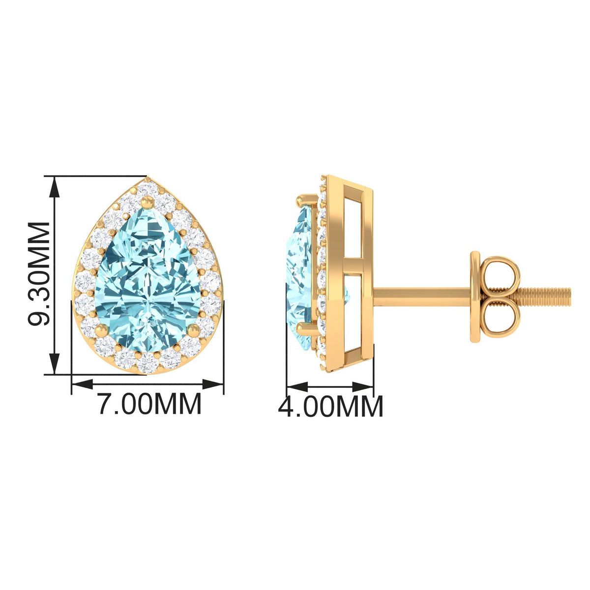 Aquamarine Stud Earrings – Pear Shape Blue Gemstone with Diamond Halo Studs