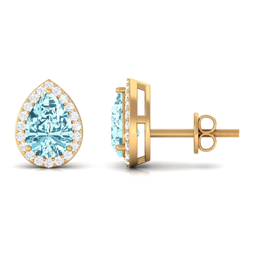Aquamarine Stud Earrings – Pear Shape Blue Gemstone with Diamond Halo Studs