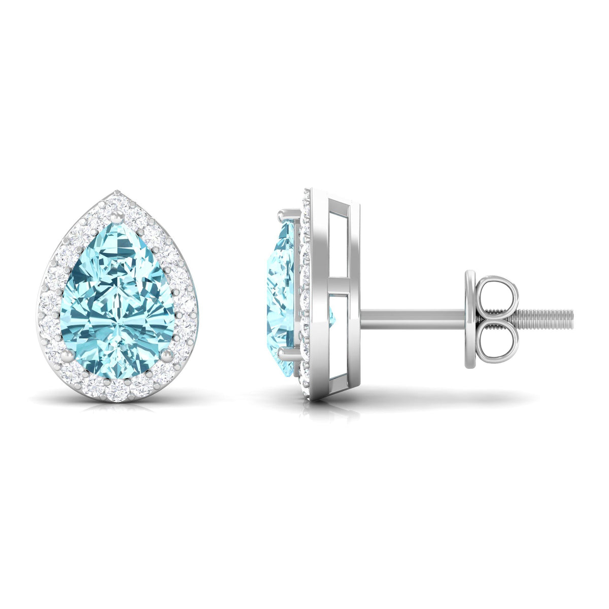 Aquamarine Stud Earrings – Pear Shape Blue Gemstone with Diamond Halo Studs