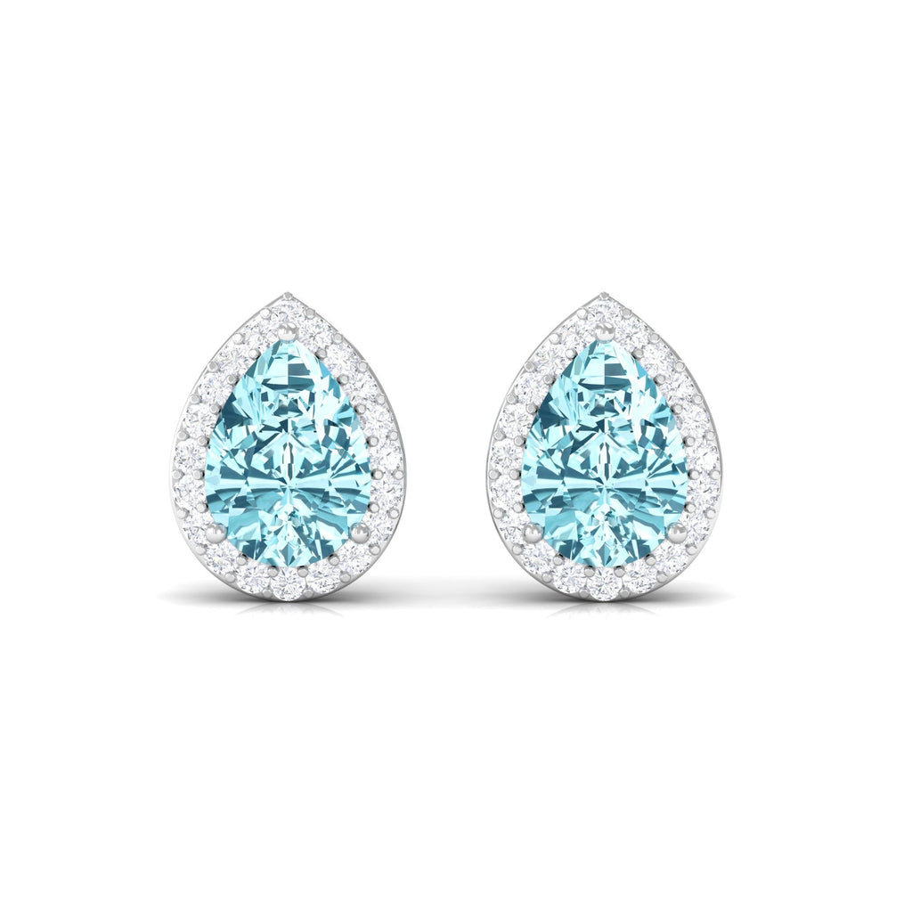 Aquamarine Stud Earrings – Pear Shape Blue Gemstone with Diamond Halo Studs