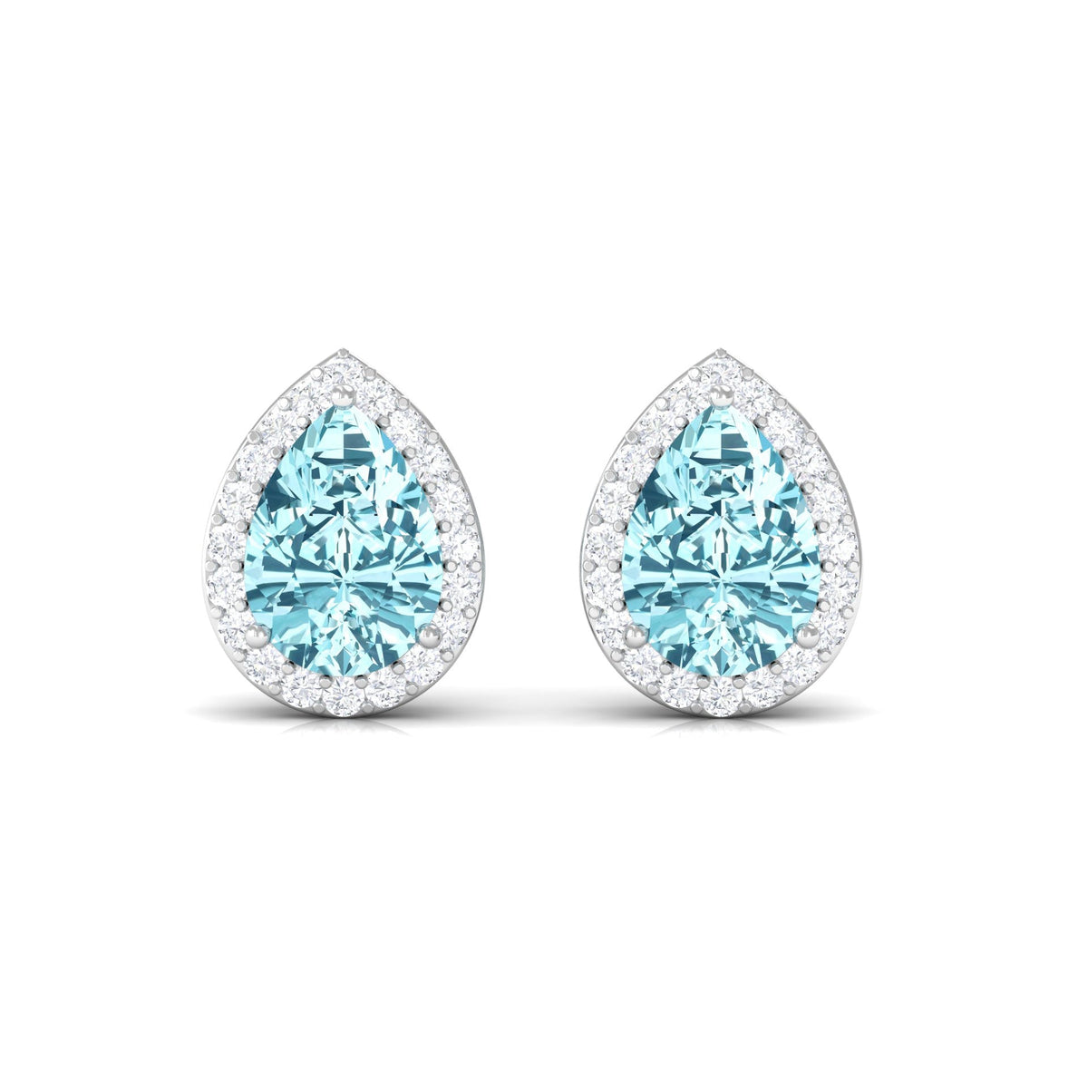 Aquamarine Stud Earrings – Pear Shape Blue Gemstone with Diamond Halo Studs