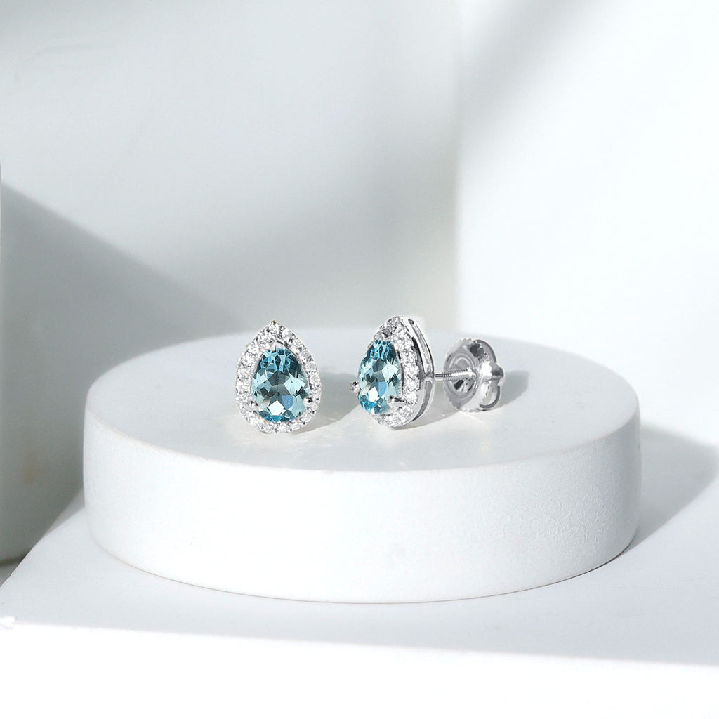 Aquamarine Stud Earrings – Pear Shaped Halo Diamond 14K White Gold Jewelry