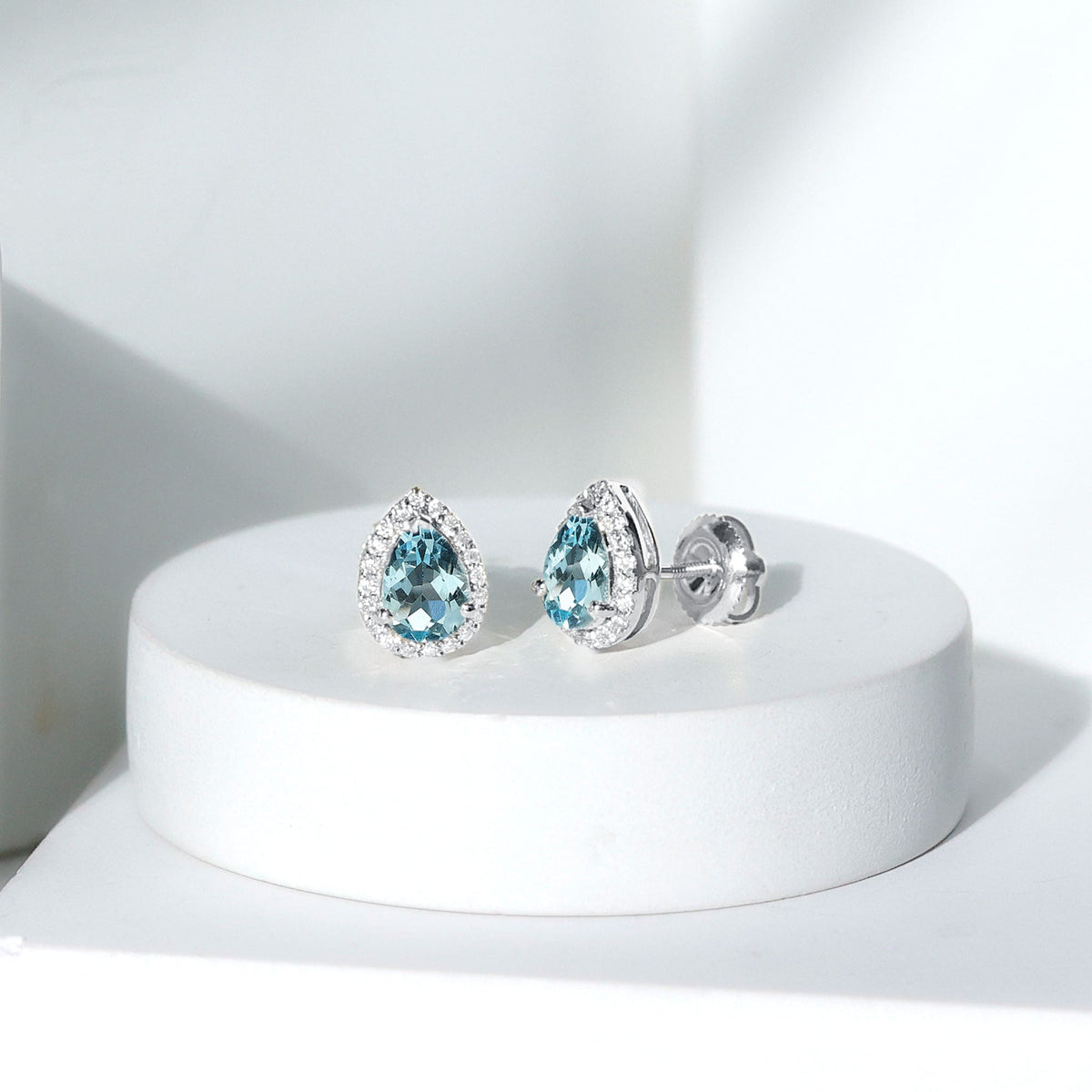 Aquamarine Stud Earrings – Pear Shaped Halo Diamond 14K White Gold Jewelry