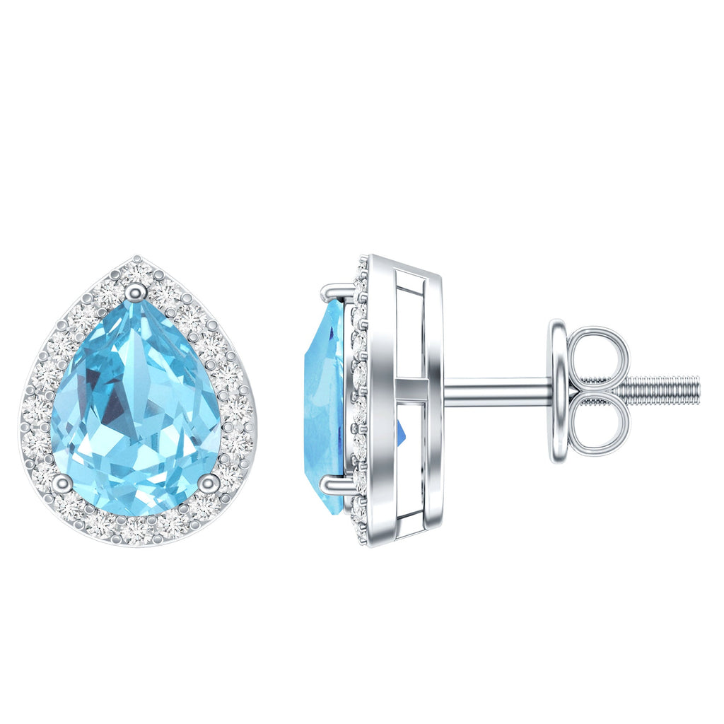 Aquamarine Stud Earrings – Pear Shaped Halo Diamond 14K White Gold Jewelry