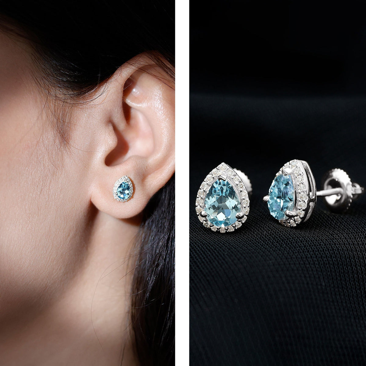 Aquamarine Stud Earrings – Pear Shaped Halo Diamond 14K White Gold Jewelry