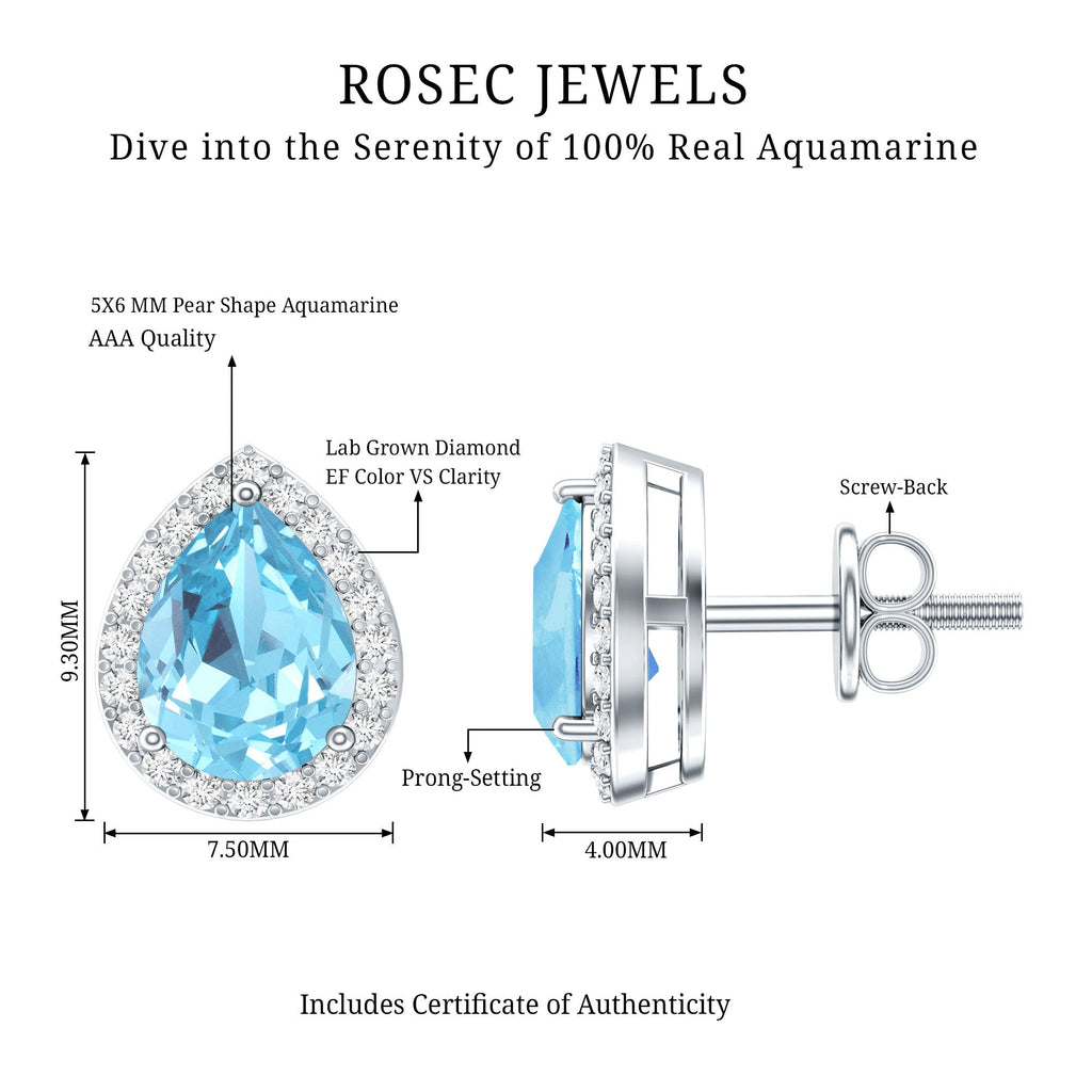 Aquamarine Stud Earrings – Pear Shaped Halo Diamond 14K White Gold Jewelry