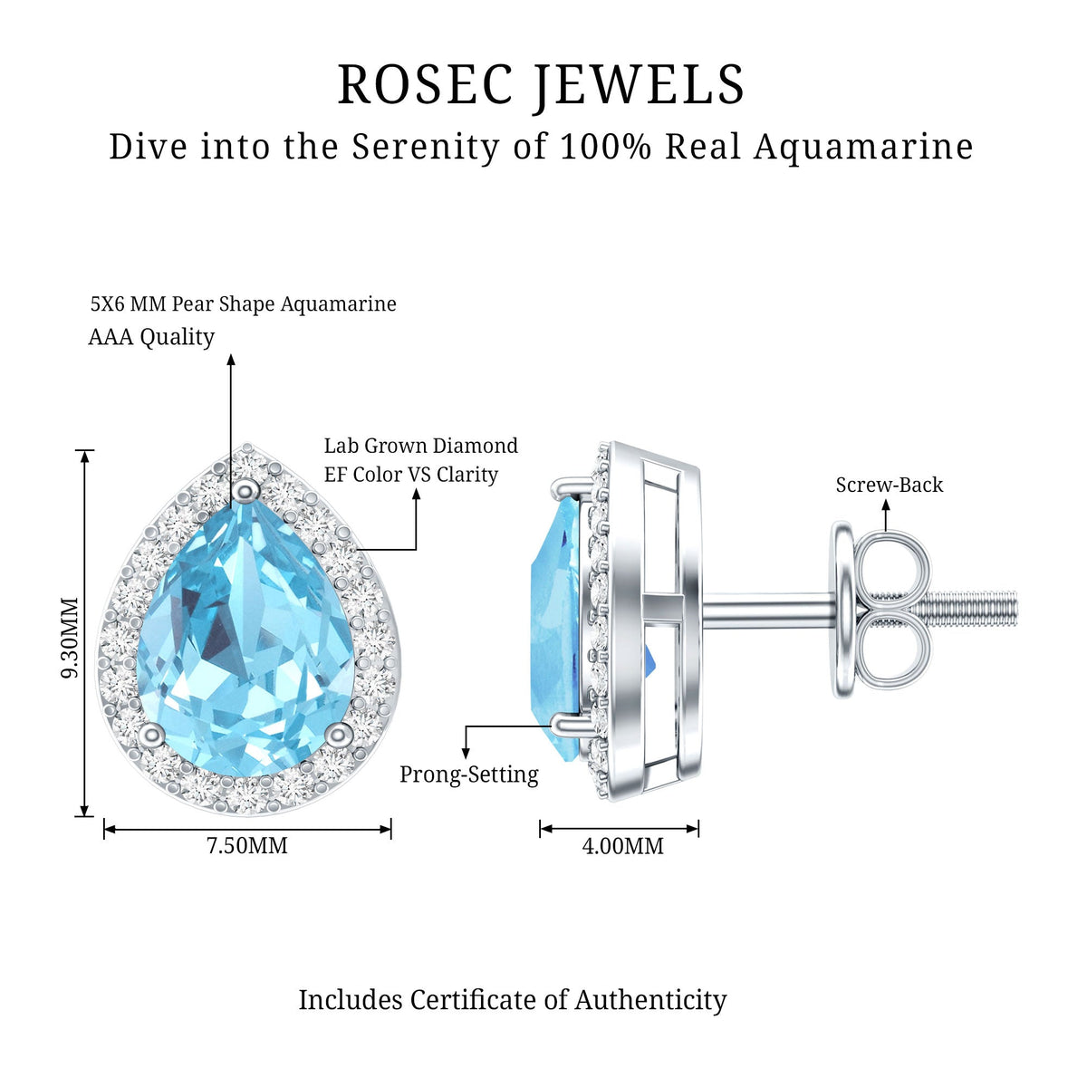 Aquamarine Stud Earrings – Pear Shaped Halo Diamond 14K White Gold Jewelry