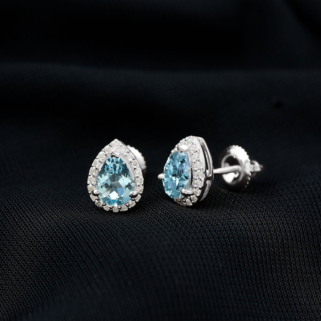 Aquamarine Stud Earrings – Pear Shaped Halo Diamond 14K White Gold Jewelry