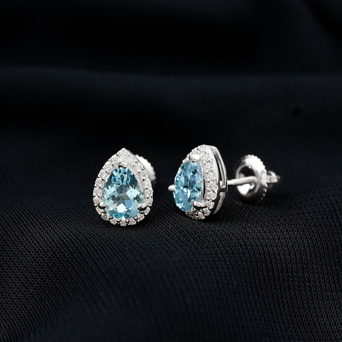 Aquamarine Stud Earrings – Pear Shaped Halo Diamond 14K White Gold Jewelry