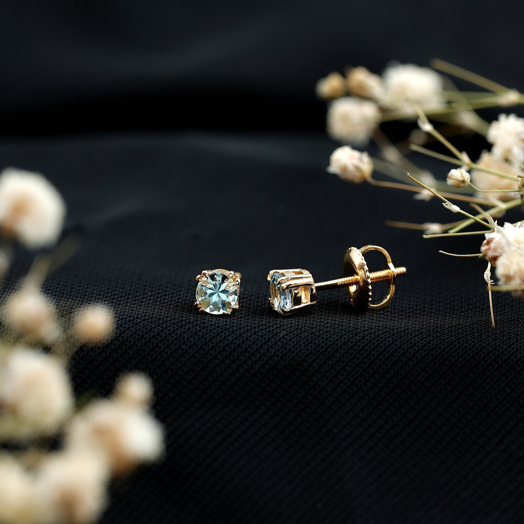 Aquamarine Stud Earrings – Solitaire Stud Design with Double Claw Prong Setting