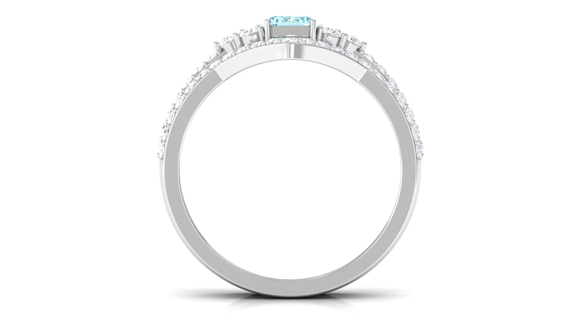 Aquamarine Wedding Ring – Emerald Cut Blue Gemstone with Round Cut Diamonds