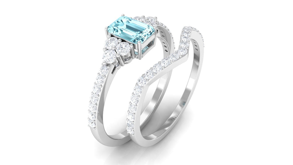 Aquamarine Wedding Ring – Emerald Cut Blue Gemstone with Round Cut Diamonds