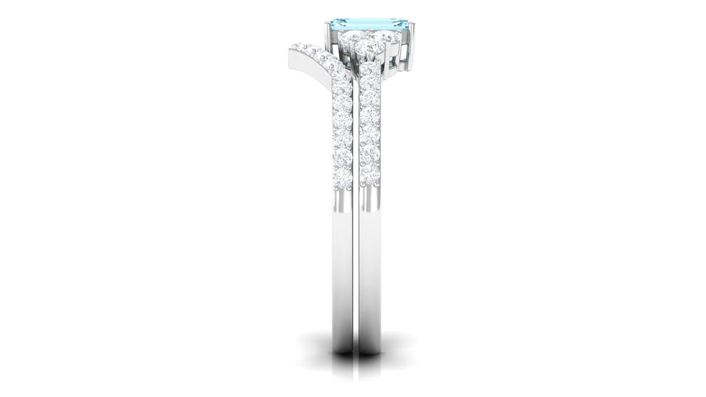 Aquamarine Wedding Ring – Emerald Cut Blue Gemstone with Round Cut Diamonds