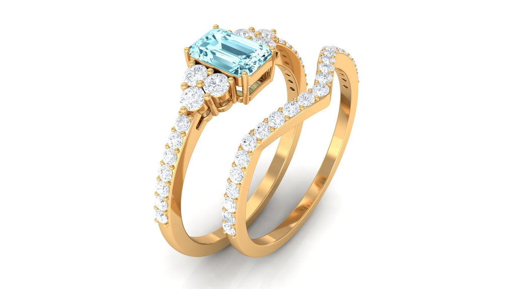 Aquamarine Wedding Ring – Emerald Cut Blue Gemstone with Round Cut Diamonds