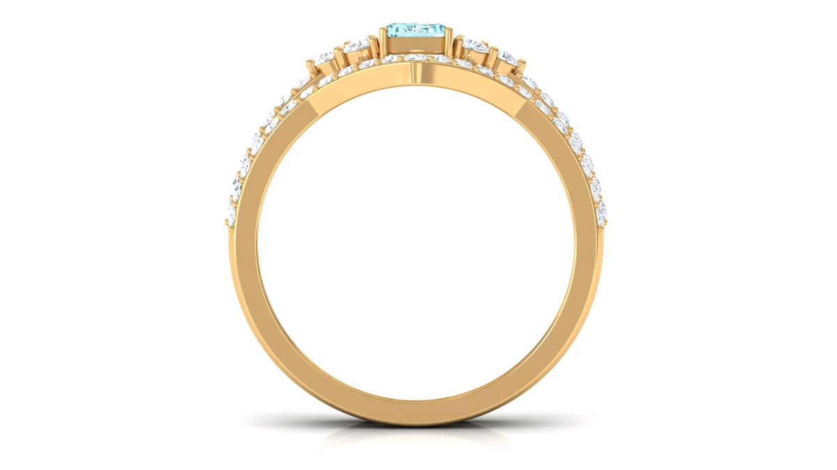 Aquamarine Wedding Ring – Emerald Cut Blue Gemstone with Round Cut Diamonds