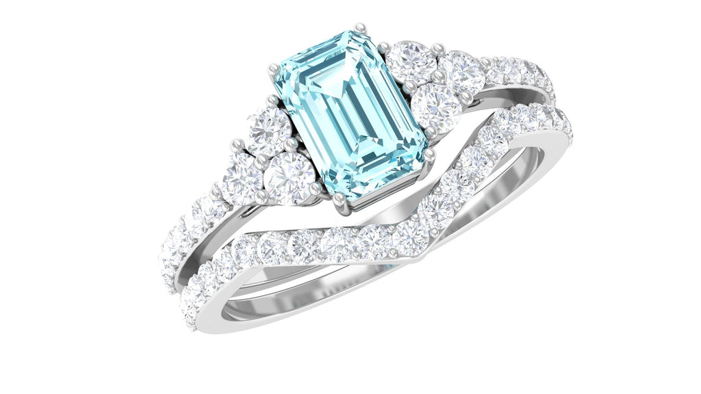 Aquamarine Wedding Ring – Emerald Cut Blue Gemstone with Round Cut Diamonds
