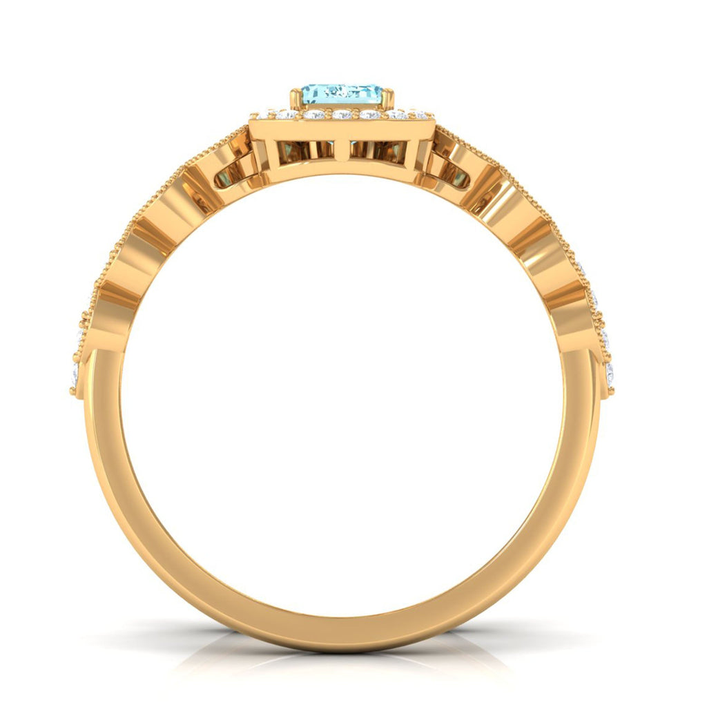 Aquamarine Wedding Ring – Emerald Cut Diamond Halo Bridal Ring Set With Scalloped Design