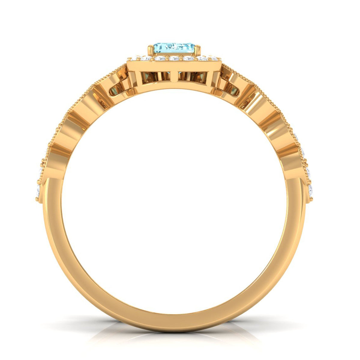 Aquamarine Wedding Ring – Emerald Cut Diamond Halo Bridal Ring Set With Scalloped Design