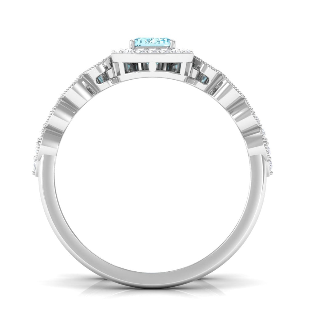 Aquamarine Wedding Ring – Emerald Cut Diamond Halo Bridal Ring Set With Scalloped Design