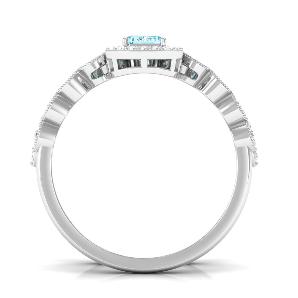Aquamarine Wedding Ring – Emerald Cut Diamond Halo Bridal Ring Set With Scalloped Design