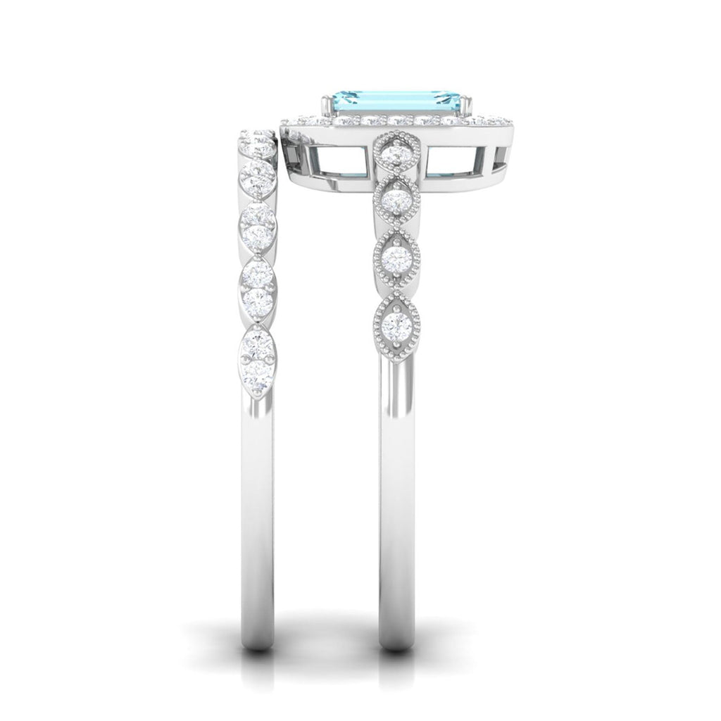 Aquamarine Wedding Ring – Emerald Cut Diamond Halo Bridal Ring Set With Scalloped Design