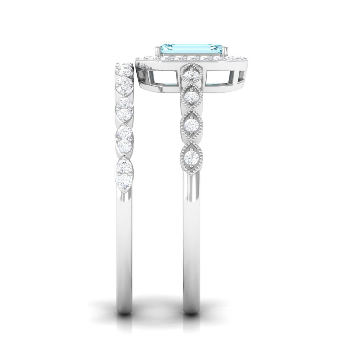 Aquamarine Wedding Ring – Emerald Cut Diamond Halo Bridal Ring Set With Scalloped Design