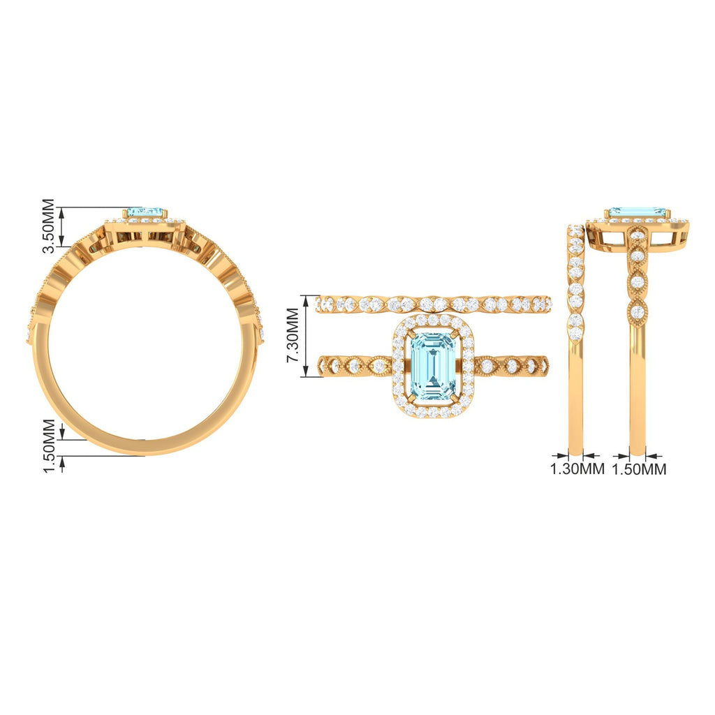 Aquamarine Wedding Ring – Emerald Cut Diamond Halo Bridal Ring Set With Scalloped Design