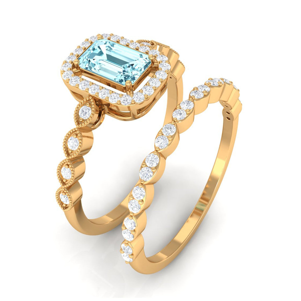 Aquamarine Wedding Ring – Emerald Cut Diamond Halo Bridal Ring Set With Scalloped Design